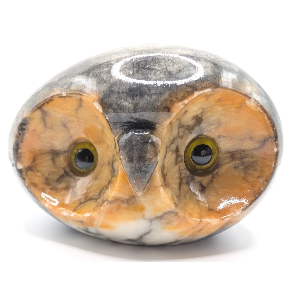 Vintage Carved Marble Owl Figurine Grey Orange Stone Glass Eyes Paperweight